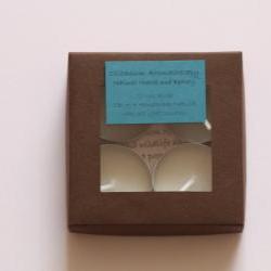 Natural wax tea light candles set of 4 in Citrus Rush, handmade by Olibanum Aromatherapy in the UK